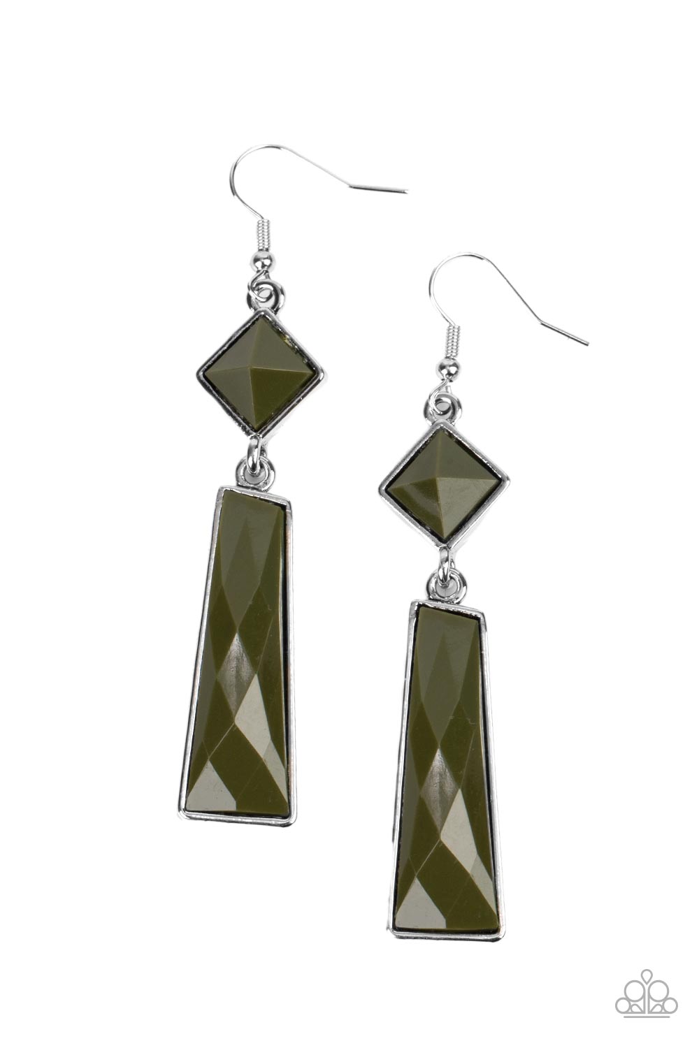 Paparazzi Accessories Hollywood Harmony - Green Encased in sleek silver fittings, a faceted trapezoidal Olive Branch bead swings from the bottom of a faceted square Olive Branch bead that is gently tilted for a trendy pop of color. Earring attaches to a s