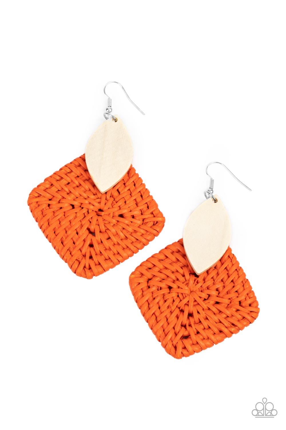 Paparazzi Accessories Sabbatical WEAVE - Orange A leaf shaped white wooden frame delicately overlaps with an intricately woven orange wicker-like frame, creating a vivacious pop of color. Earring attaches to a standard fishhook fitting. Sold as one pair o