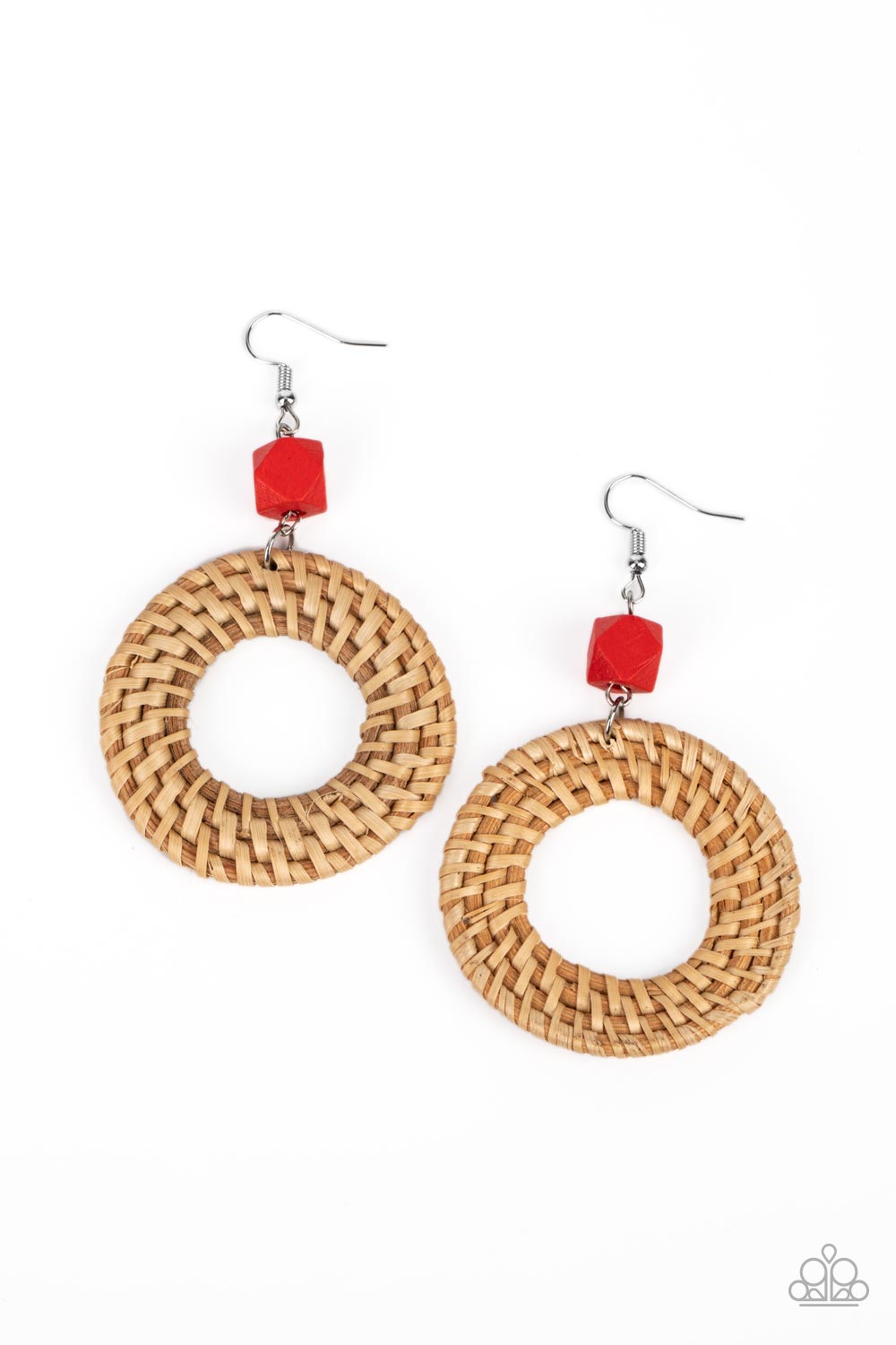 Paparazzi Accessories Wildly Wicker - Red A wicker-like hoop swings from the bottom of a faceted red wooden bead, adding an earthy twist to the trendy homespun trinket. Earring attaches to a standard fishhook fitting. Sold as one pair of earrings. Jewelry