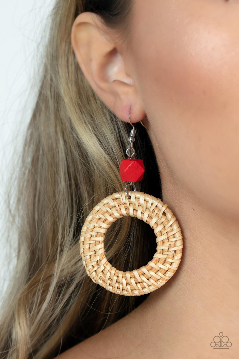 Paparazzi Accessories Wildly Wicker - Red A wicker-like hoop swings from the bottom of a faceted red wooden bead, adding an earthy twist to the trendy homespun trinket. Earring attaches to a standard fishhook fitting. Sold as one pair of earrings. Jewelry
