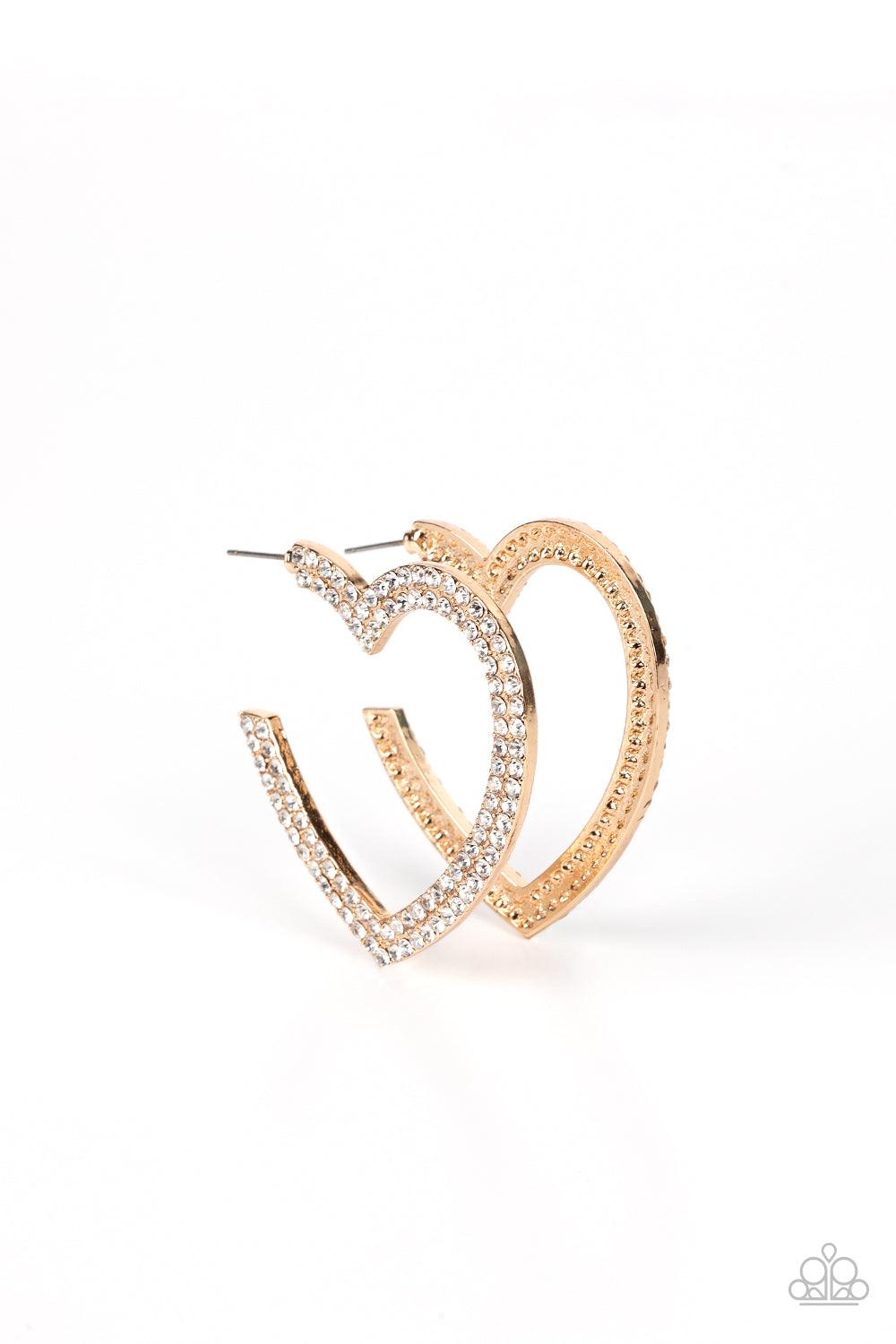 Paparazzi Accessories AMORE to Love - Gold Two rows of blinding white rhinestones are encrusted along the front of a heart shaped gold hoop, creating heart-stopping sparkle. Hoop measures approximately 2" in diameter. Earring attaches to a standard post f