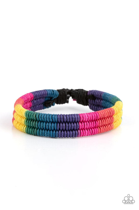 Paparazzi Accessories Rainbow Renegade - Multi Colorful sections of pink, red, yellow, green, blue, and purple cords ornately wrap and weave around three black bands, coalescing into a radiant rainbow around the wrist. Features an adjustable sliding knot