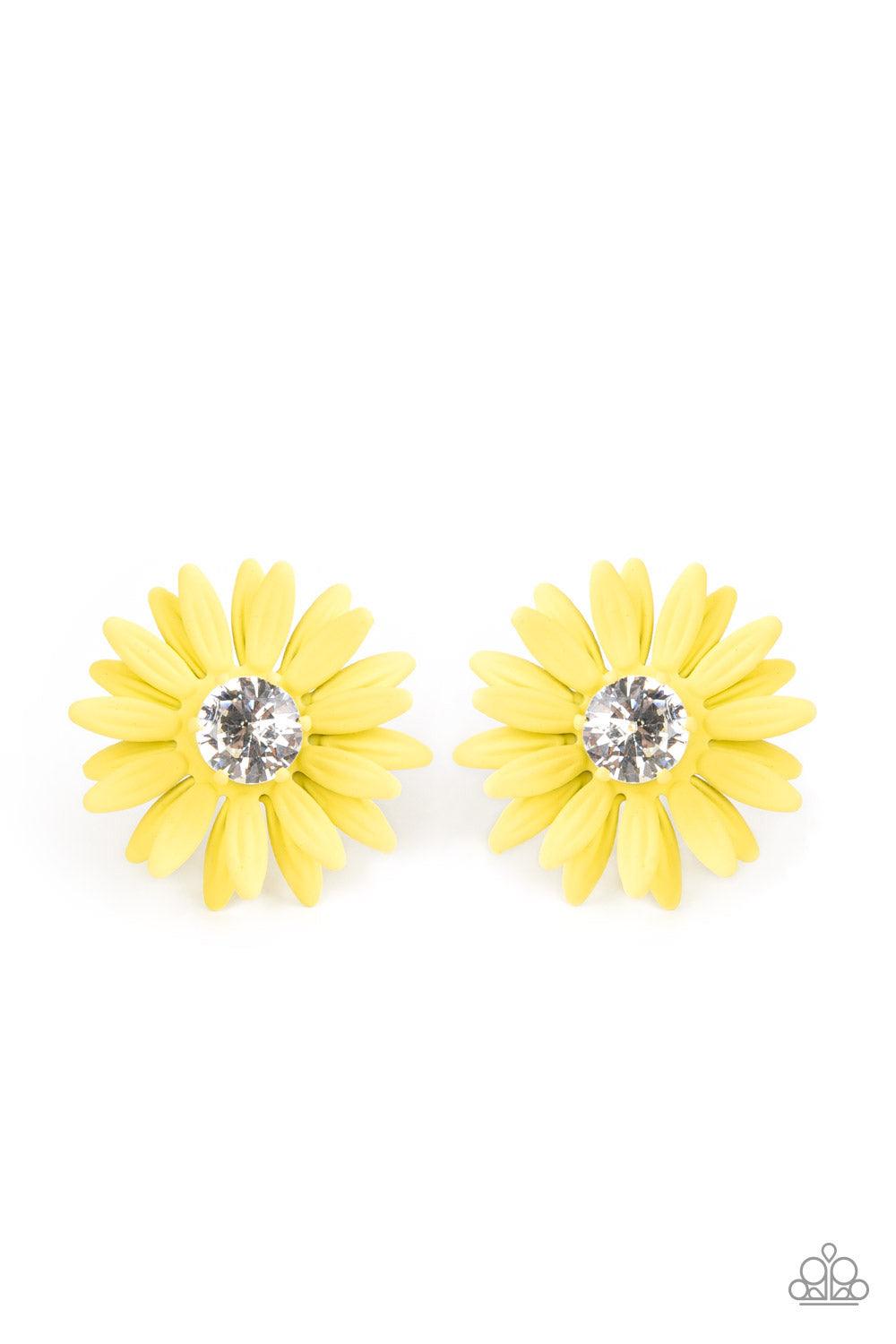 Paparazzi Accessories Sunshiny DAIS-y - Yellow Layers of yellow petals fan out from an oversized white rhinestone fitting, blooming into a sparkly floral centerpiece. Earring attaches to a standard post fitting. Sold as one pair of post earrings. Earrings