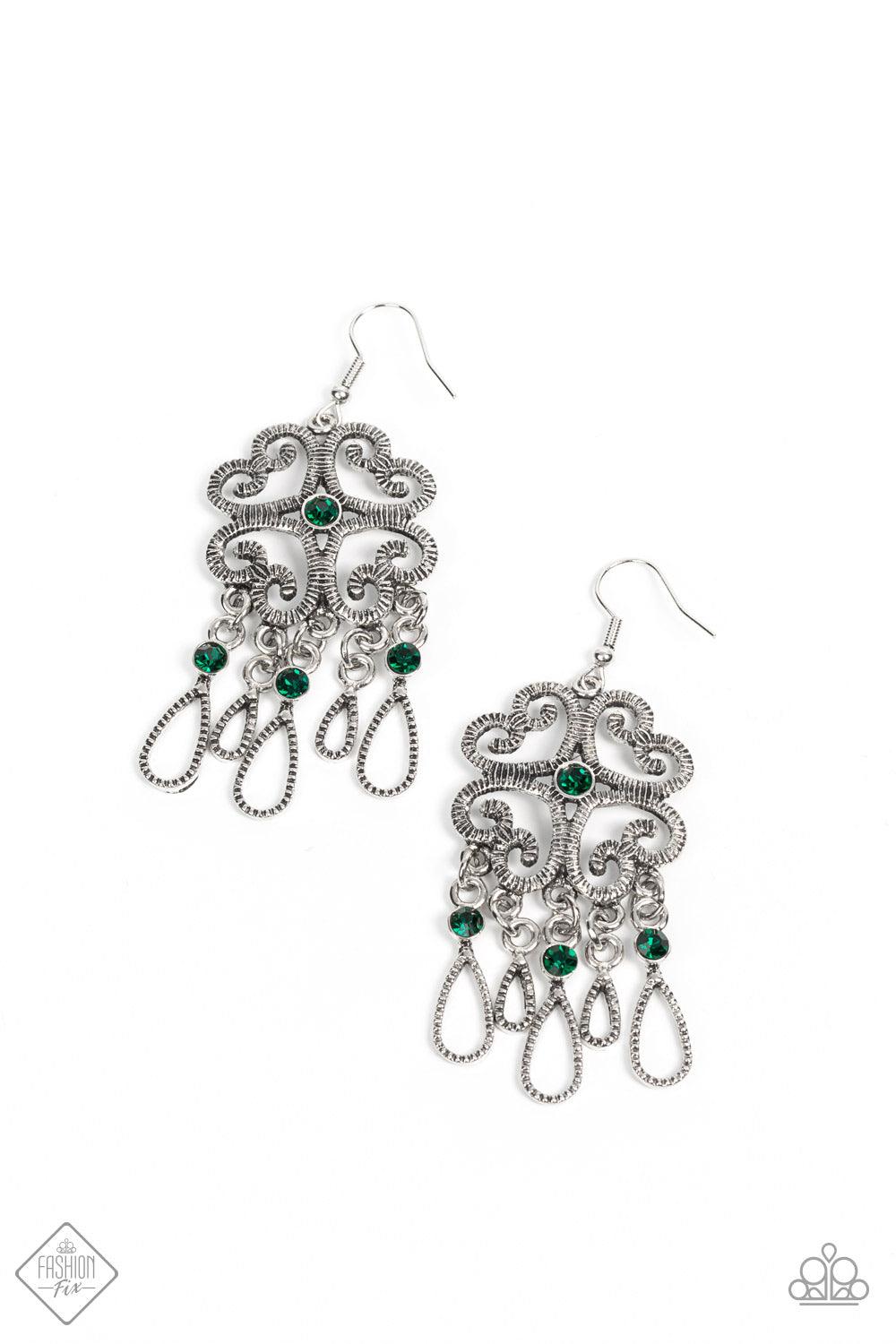 Paparazzi Accessories Majestic Makeover - Green Etched in linear texture, four whimsical hearts coalesce into an airy frame. A dainty emerald rhinestone dots the center while a flirty fringe of teardrop frames adorned with bright emerald rhinestones sways