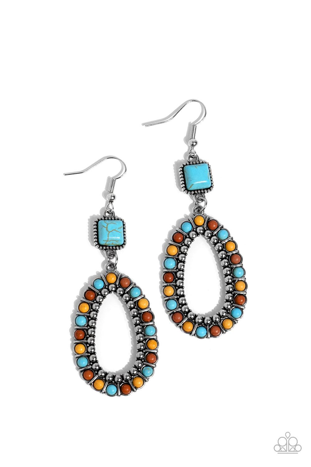 Paparazzi Accessories Napa Valley Luxe - Multi A turquoise stone, chiseled into a polished square, gives way to a silver studded hoop bordered in dainty turquoise, brown, and yellow stones, creating a rustically scalloped lure. Earring attaches to a stand