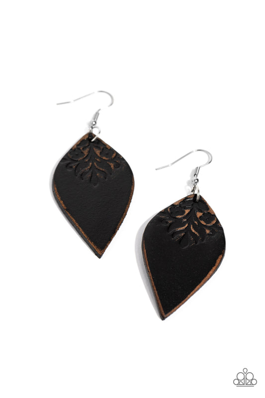 Paparazzi Accessories Naturally Nostalgic - Black The top of a petal shaped black leather frame is stamped in a distressed floral pattern, resulting in a rustic display. Earring attaches to a standard fishhook fitting. Sold as one pair of earrings. Jewelr