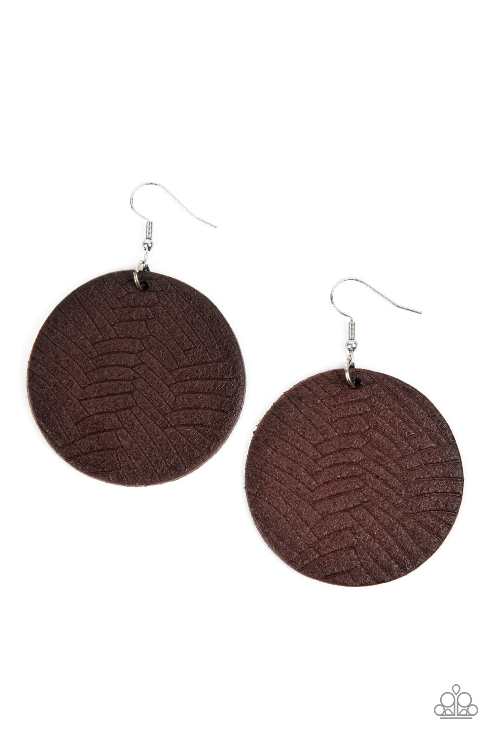 Paparazzi Accessories Leathery Loungewear - Brown Etched in layers of geometric detail, a distressed brown leather disc swings from the ear for an authentically earthy look. Earring attaches to a standard fishhook fitting. Sold as one pair of earrings. Je