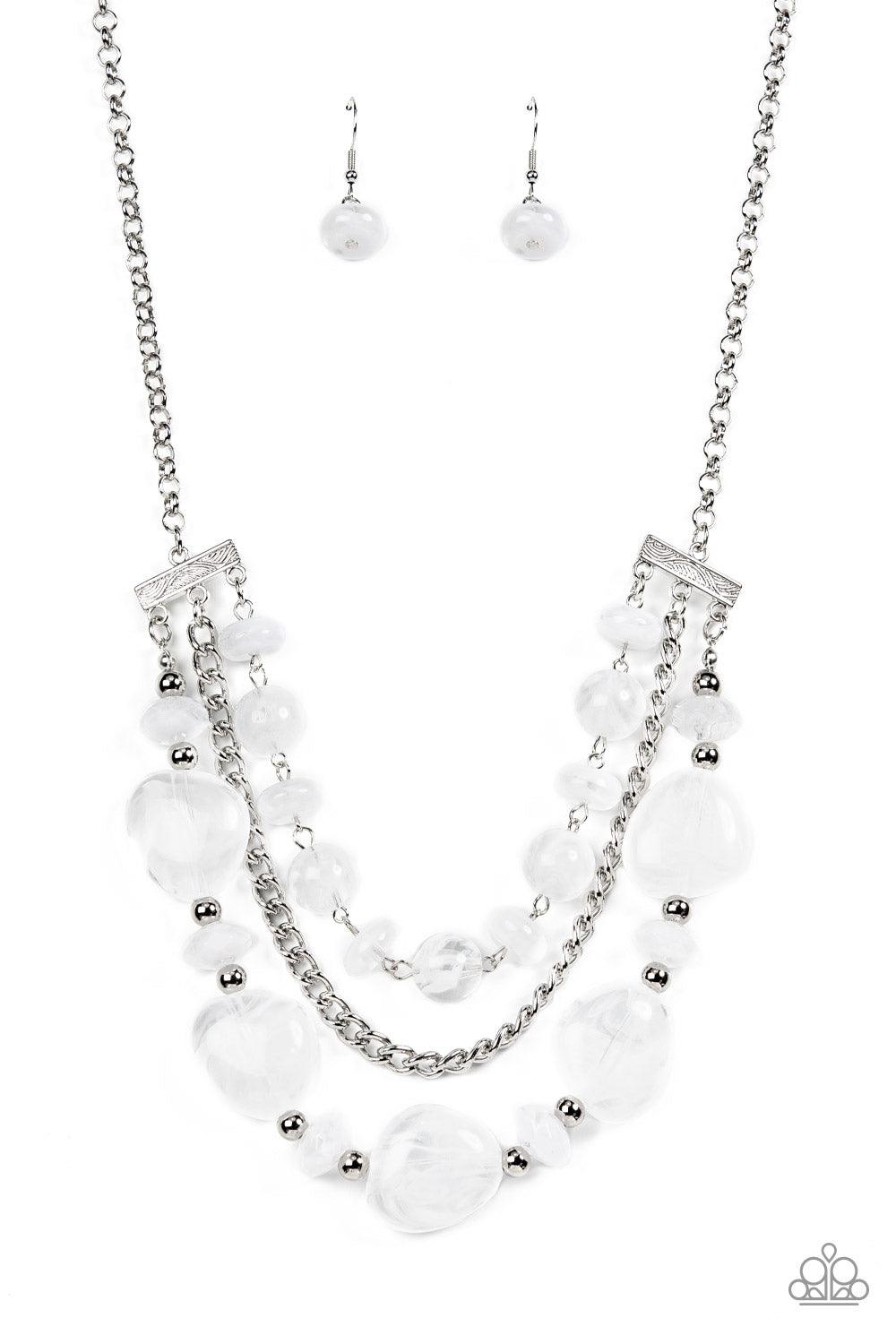 Paparazzi Accessories Oceanside Service - White A single silver chain separates two mismatched rows of oversized and cloudy glass-like white beads. The colorful rows are held in place with textured silver fittings, creating an ethereal pop of color below