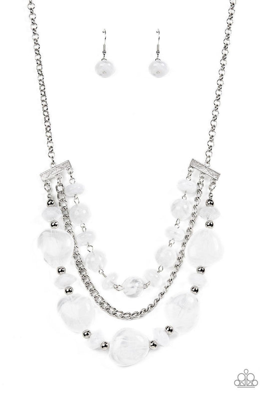 Paparazzi Accessories Oceanside Service - White A single silver chain separates two mismatched rows of oversized and cloudy glass-like white beads. The colorful rows are held in place with textured silver fittings, creating an ethereal pop of color below