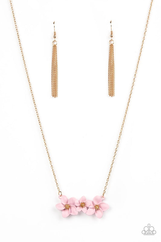 Paparazzi Accessories Petunia Picnic - Pink Featuring pronged gold centers, a trio of overlapping pink flowers in a flawless matte finish delicately connects to a dainty gold chain below the collar for a whimsical floral fashion. Features an adjustable cl