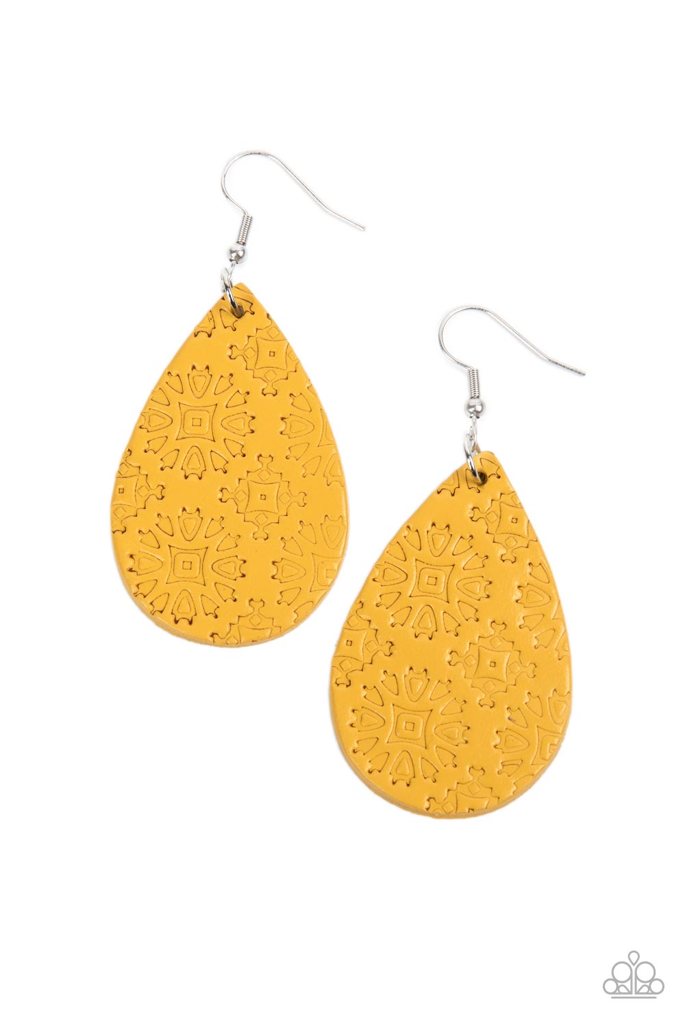 Paparazzi Accessories Stylishly Subtropical - Yellow Stamped in a geometric motif, a distressed yellow leather teardrop swings from the ear for a whimsically rustic flair. Earring attaches to a standard fishhook fitting. Sold as one pair of earrings. Jewe