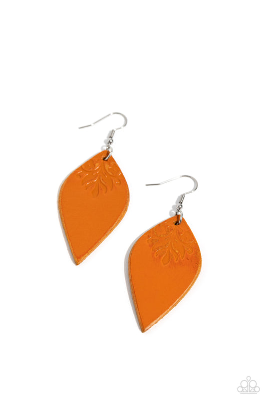 Paparazzi Accessories Naturally Nostalgic - Yellow The top of a petal shaped yellow leather frame is stamped in a distressed floral pattern, resulting in a rustic display. Earring attaches to a standard fishhook fitting. Sold as one pair of earrings. Jewe