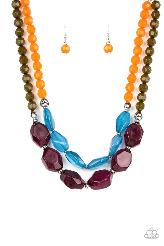 Paparazzi Accessories Tropical Trove - Purple Faceted strands of opaque orange and Olive Branch crystal-like beads give way to a colorful assortment of oversized blue and plum crystal-like accents. Shiny silver beads adorn the hearty layers, adding a dash