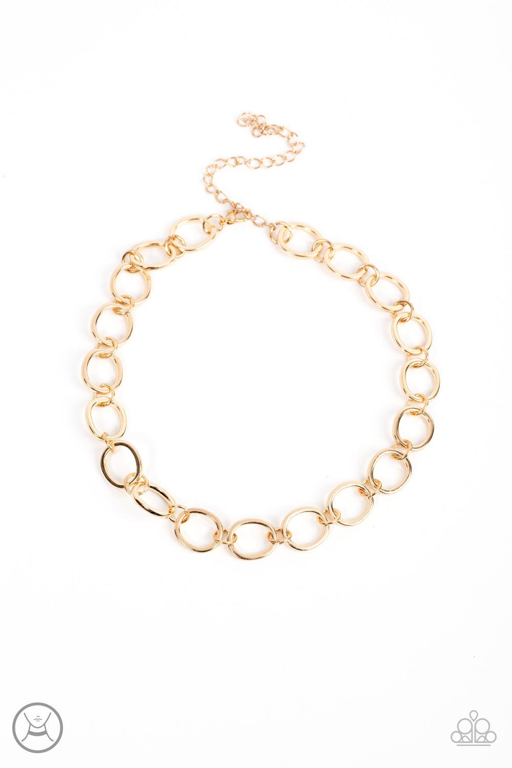 Paparazzi Accessories 90s Nostalgia - Gold Imperfectly shaped gold circles link together around the neck for a gritty industrial statement. Features an adjustable clasp closure. Sold as one individual choker necklace. Includes one pair of matching earring