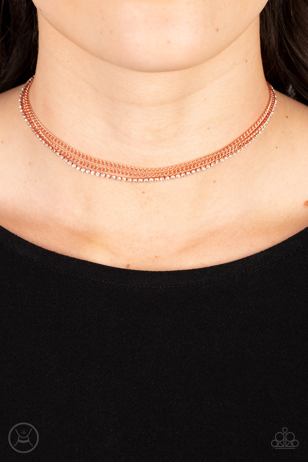 Paparazzi Accessories Glitzy Gusto - Copper Two shiny copper chains and a single strand of dainty white rhinestones effortlessly layer around the neck, resulting in a radiant look. Features an adjustable clasp closure. Sold as one individual choker neckla