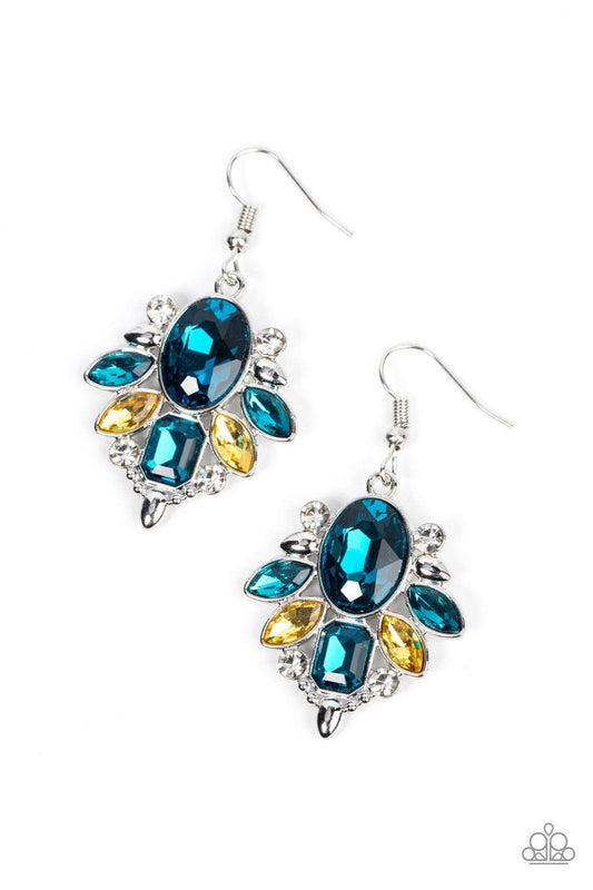Paparazzi Accessories Glitzy Go-Getter - Multi A brilliant blue gem makes a sparkling centerpiece amidst a glitzy fringe of marquise, round, and emerald cut blue, yellow, and white rhinestones resulting in a timeless lure. Earring attaches to a standard f