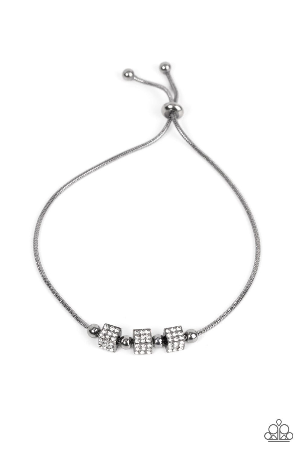 Paparazzi Accessories Roll Out the Radiance - Black Dainty gunmetal beads and white rhinestone encrusted gunmetal cubes slide along a rounded gunmetal snake chain around the wrist, resulting in a radiant centerpiece. Features an adjustable sliding bead cl