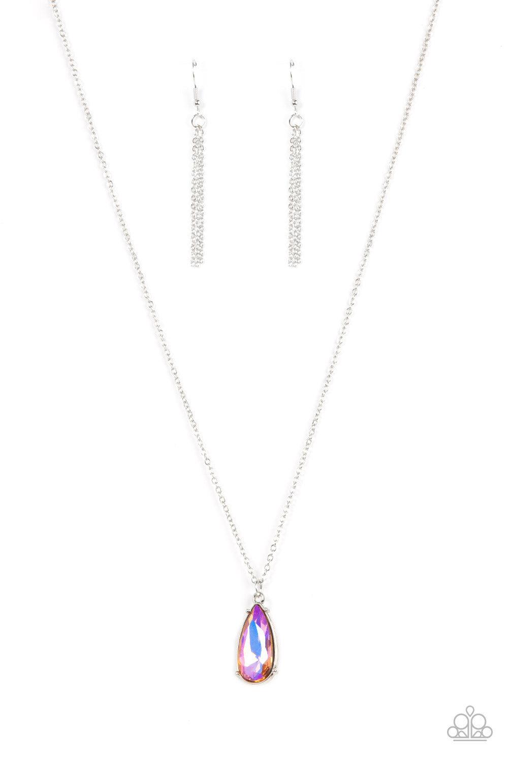 Paparazzi Accessories Interstellar Royal - Multi Encased in a shiny silver fitting, an iridescent teardrop gem glides along a dainty silver chain below the collar for a stellar fashion. Features an adjustable clasp closure. Sold as one individual necklace