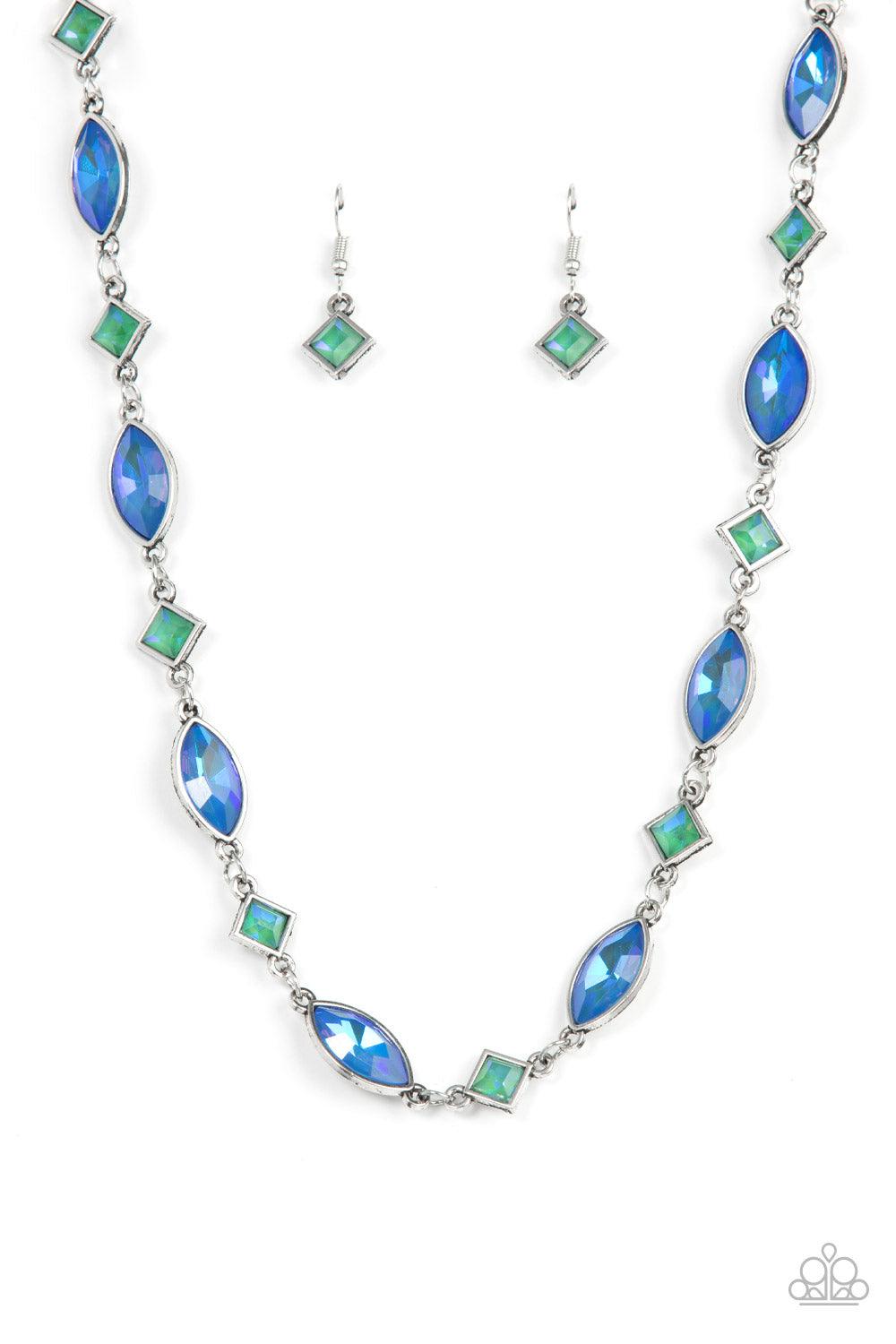 Paparazzi Accessories Prismatic Reinforcements - Multi Encased in sleek silver fittings, an opalescent collection of blue marquise and green square cut rhinestones delicately links below the collar for a prismatic pop of color. Features an adjustable clas