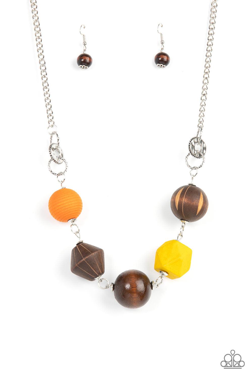 Paparazzi Accessories Eco Extravaganza - Multi Infused with yellow and orange wooden beads, a mismatched assortment of studded silver hoops, textured silver rings, and oversized brown wooden beads delicately connect across the chest for a stylishly handcr