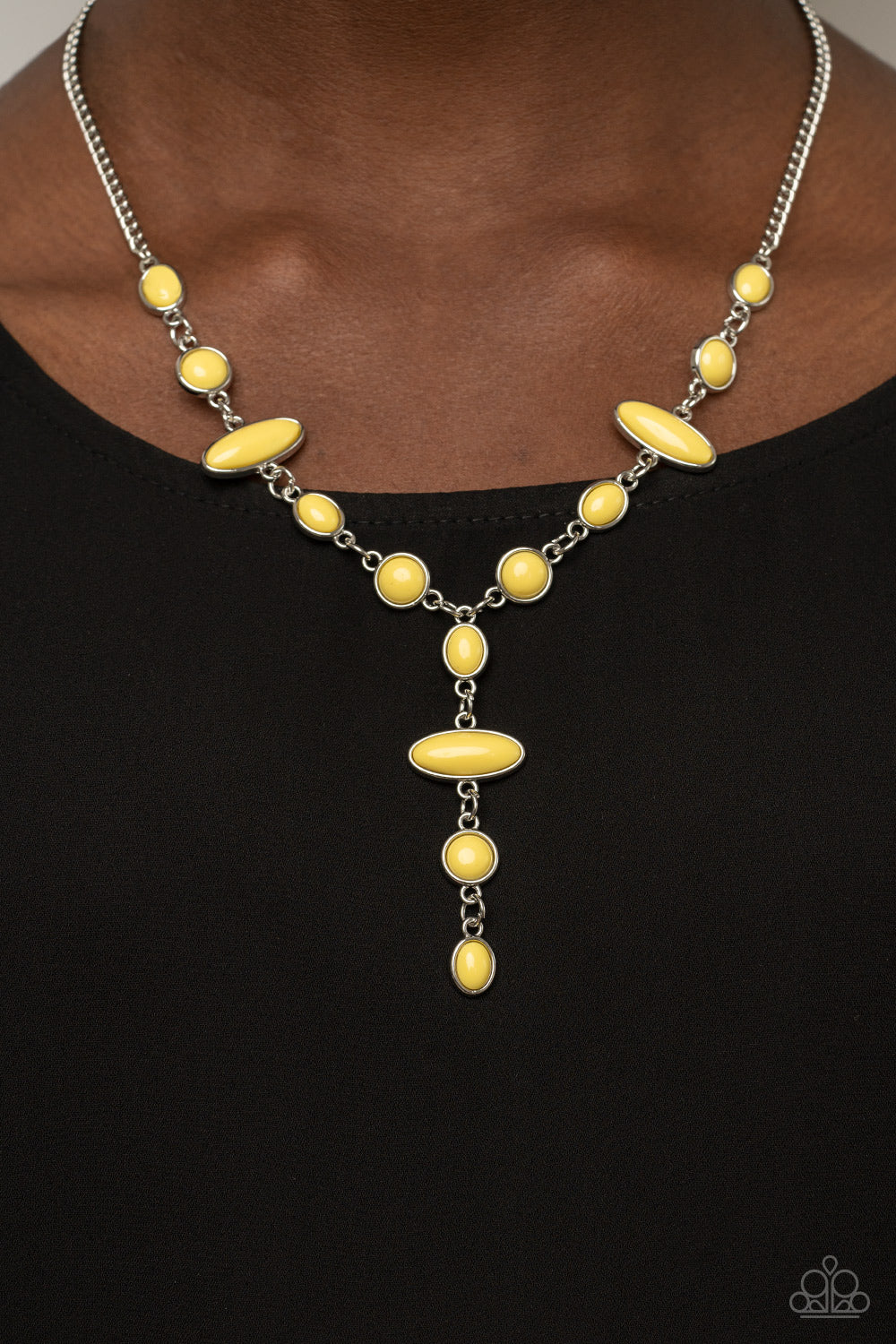 Paparazzi Accessories Authentically Adventurous - Yellow Encased in sleek silver frames, bubbly yellow oval and round beads link into a colorful display, resulting in a playful extended pendant below the collar. Features an adjustable clasp closure. Sold