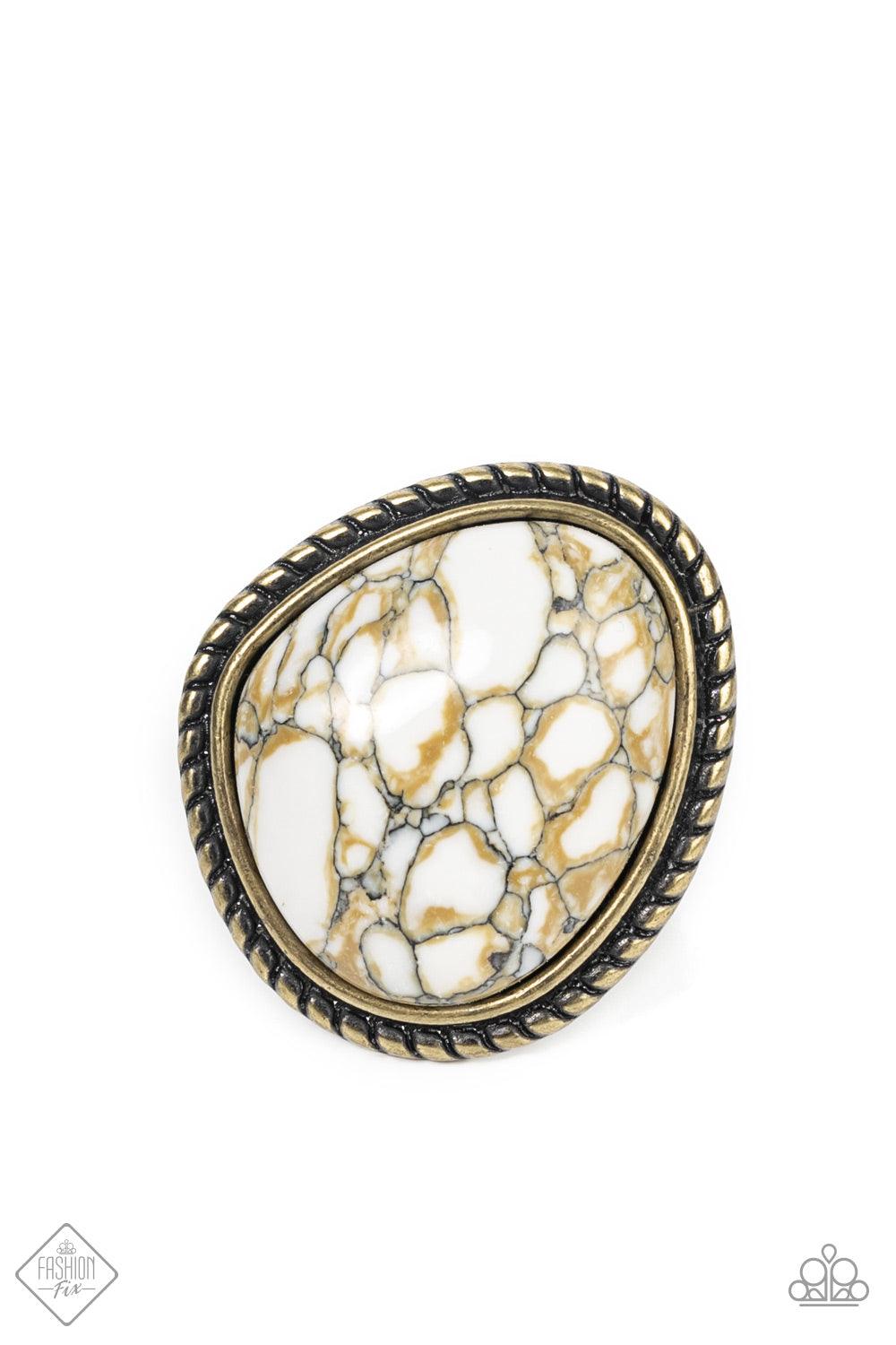 Paparazzi Accessories Take the High RODEO - Brass An earthy brown and white marbled stone is pressed into a rustic brass frame adorned with rope-like texture, creating a rustic centerpiece atop the finger. Features a stretchy band for a flexible fit. Sold