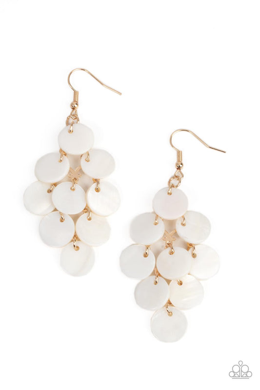 Paparazzi Accessories Tropical Tryst - Gold Tiers of white shell-like discs cascade from a gold netted backdrop, resulting in a summery shimmer. Earring attaches to a standard fishhook fitting. Sold as one pair of earrings. Jewelry