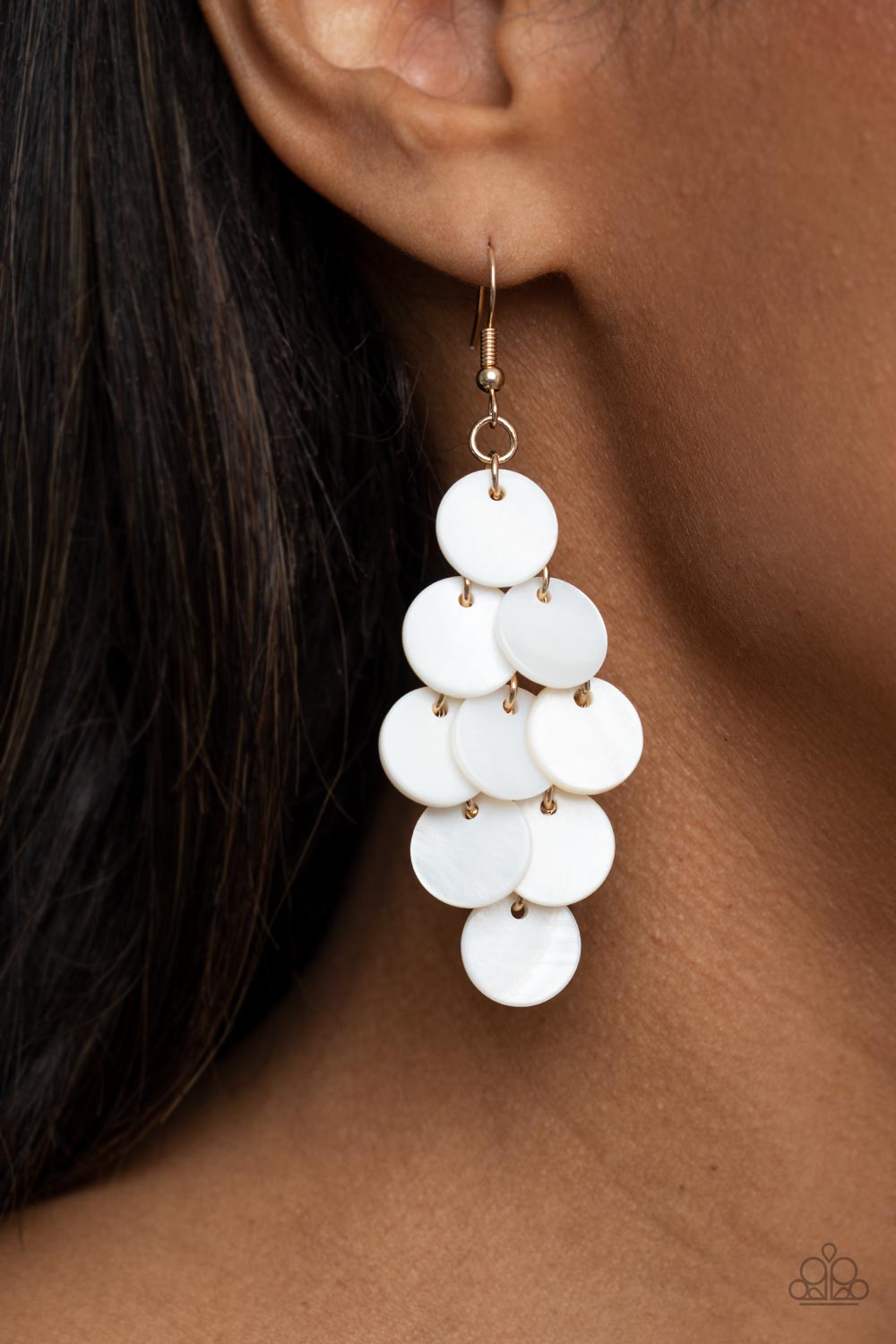 Paparazzi Accessories Tropical Tryst - Gold Tiers of white shell-like discs cascade from a gold netted backdrop, resulting in a summery shimmer. Earring attaches to a standard fishhook fitting. Sold as one pair of earrings. Jewelry