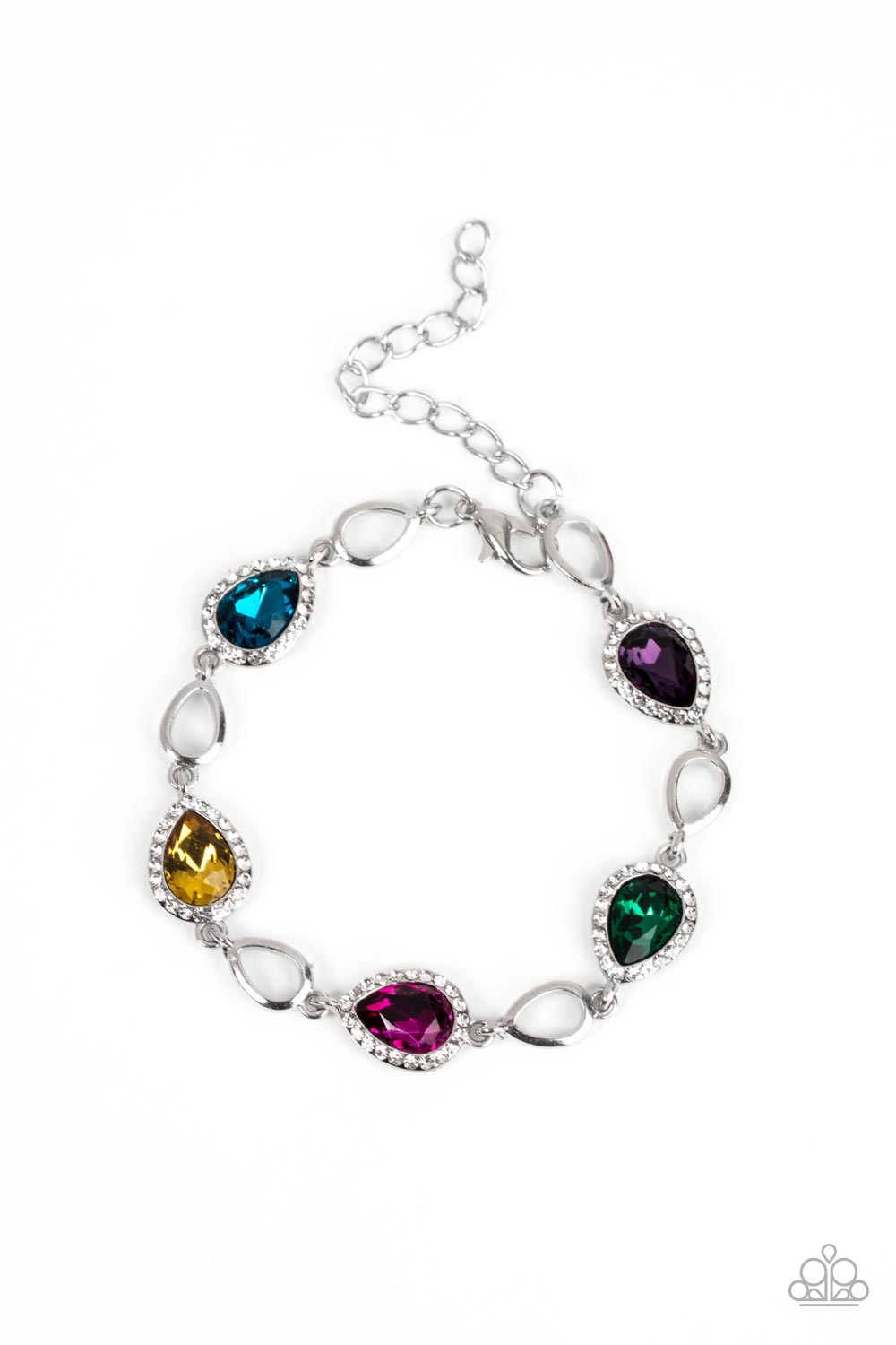 Paparazzi Accessories Timelessly Teary - Multi Bordered in glassy white rhinestones, glittery multicolored teardrop gems link with airy silver teardrop frames around the wrist for a timeless twinkle. Features an adjustable clasp closure. Sold as one indiv