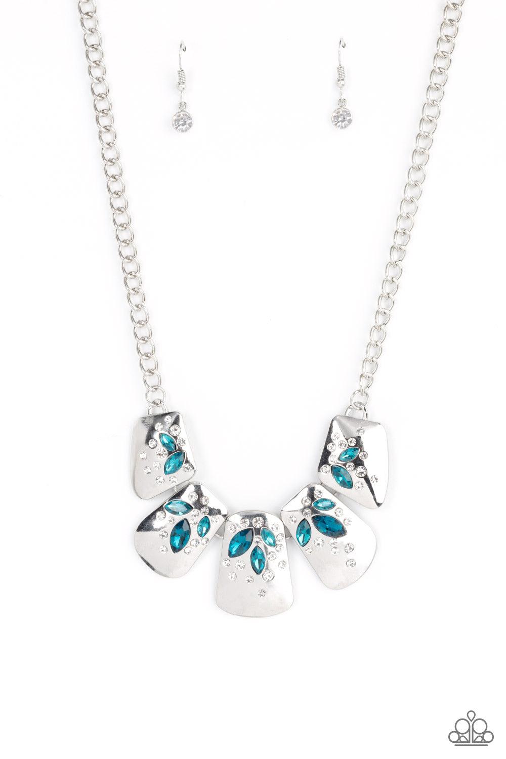 Paparazzi Accessories Jubilee Jingle - Blue Dotted with glassy white rhinestones, curved silver plates are encrusted in glittery blue marquise cut rhinestones below the collar, resulting in a jubilant centerpiece. Features an adjustable clasp closure. Sol