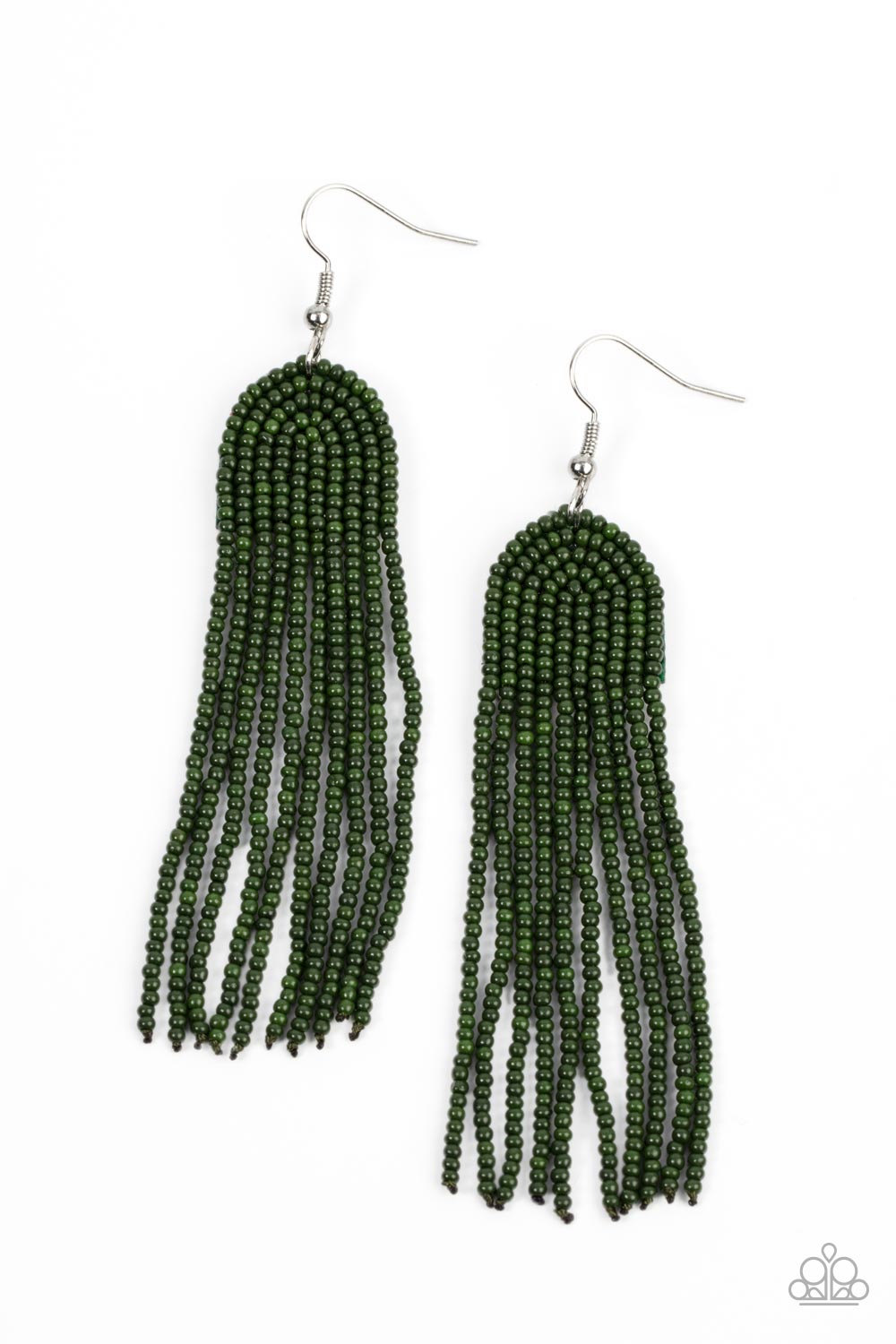 Paparazzi Accessories Right as RAINBOW - Green Strands of Olive Branch seed beads gently curve into the arch of a rainbow, resulting in a tasseled bohemian fashion. Earring attaches to a standard fishhook fitting. Sold as one pair of earrings. Jewelry