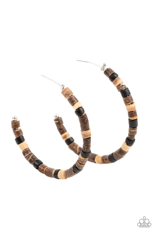 Paparazzi Accessories Effortlessly Earthy - Brown An earthy assortment of black and rustic wood beads are threaded along a classic silver hoop, resulting in an earthy centerpiece. Earring attaches to a standard post fitting. Hoop measures approximately 2"