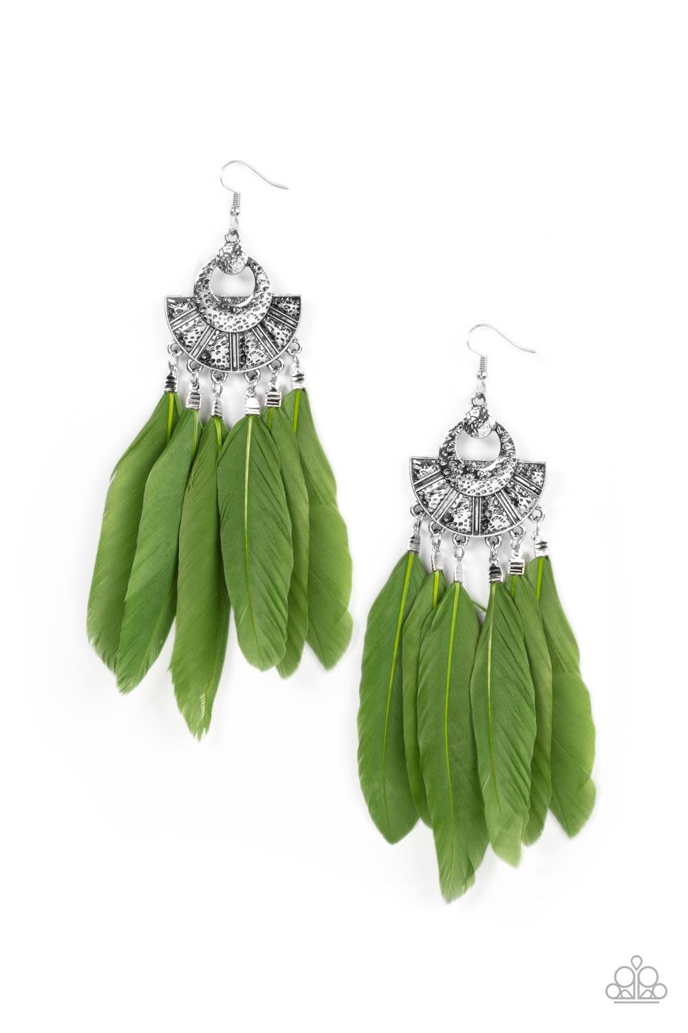 Paparazzi Accessories Plume Paradise - Green Oversized green feathers swing from the bottom of an ornately hammered and stacked silver frame, resulting in a flirtatiously colorful fringe. Earring attaches to a standard fishhook fitting. Sold as one pair o