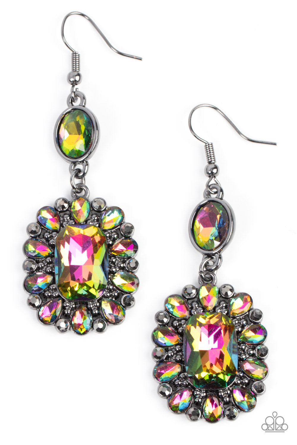 Paparazzi Accessories Capriciously Cosmopolitan - Multi Dainty hematite rhinestones and teardrop oil spill gems fan out from an oversized oil spill emerald cut gem at the bottom of a solitaire oval oil spill gem, resulting in a glamorously glitzy lure. Ea