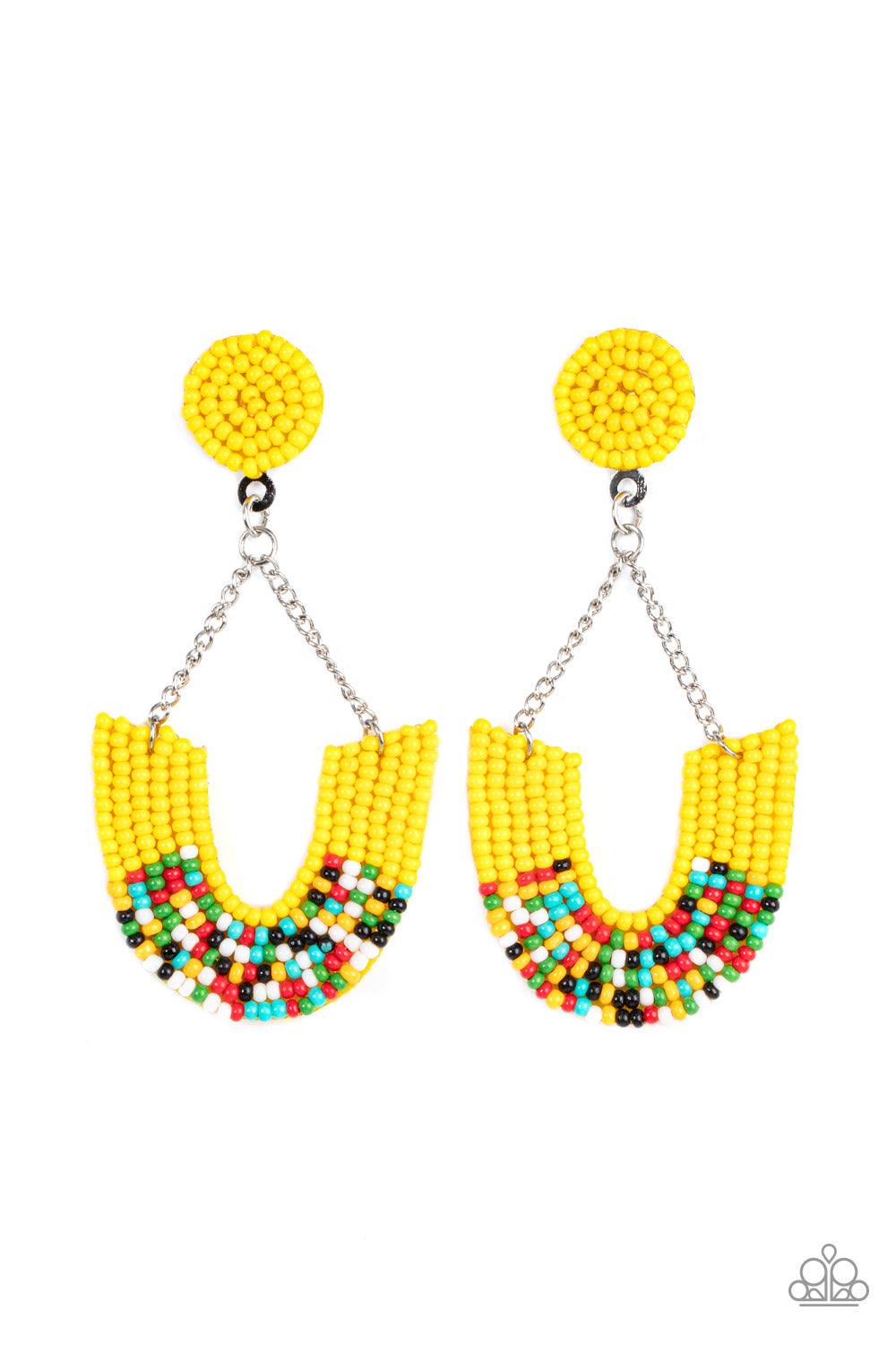 Paparazzi Accessories Make it RAINBOW - Yellow Adorned in sections of Illuminating and multicolored seed beaded accents, a colorful rainbow swings from the bottom of shimmery silver chains that attach to an Illuminating seed beaded disc for a bohemian ins