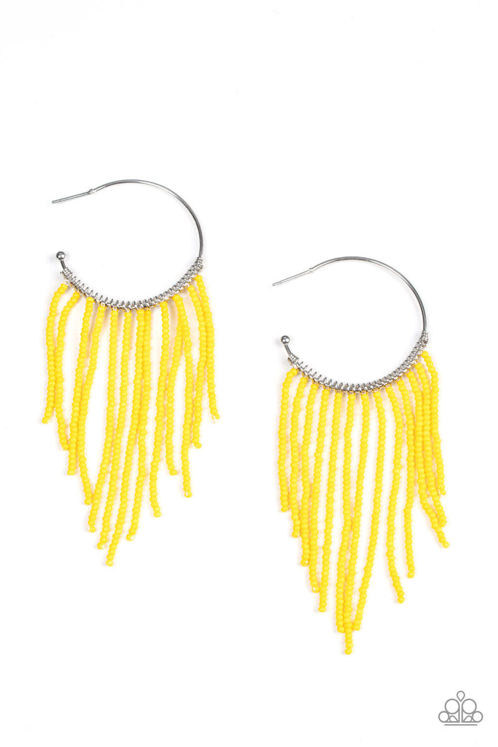 Paparazzi Accessories Saguaro Breeze - Yellow Strands of dainty Illuminating seed beads stream out from the bottom of a classic silver hoop, resulting in a flirtatiously tasseled look. Earring attaches to a standard post fitting. Hoop measures approximate