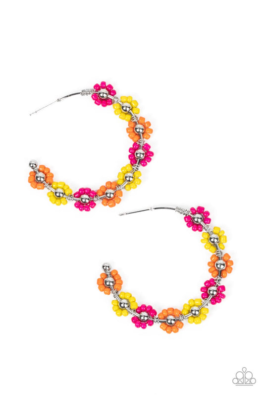 Paparazzi Accessories Growth Spurt - Multi Adorned with shiny silver beaded centers, a dainty collection of Illuminating, orange, and Fuchsia Fedora seed beaded rings create vivacious flower accents along a classic silver hoop for a flamboyant floral disp