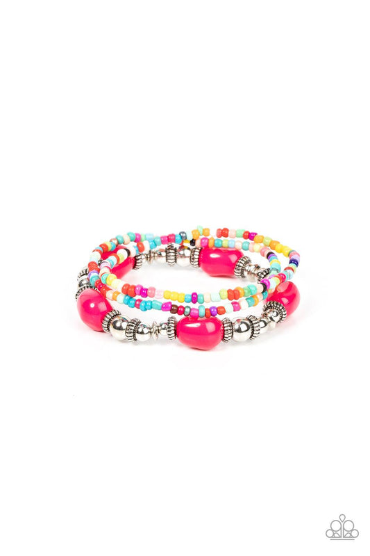 Paparazzi Accessories Confidently Crafty - Pink A pair of multicolored seed beaded stretchy bracelets joins a stretchy strand of shiny silver beads, textured silver accents, and faceted pink beads around the wrist, creating colorful layers. Sold as one se
