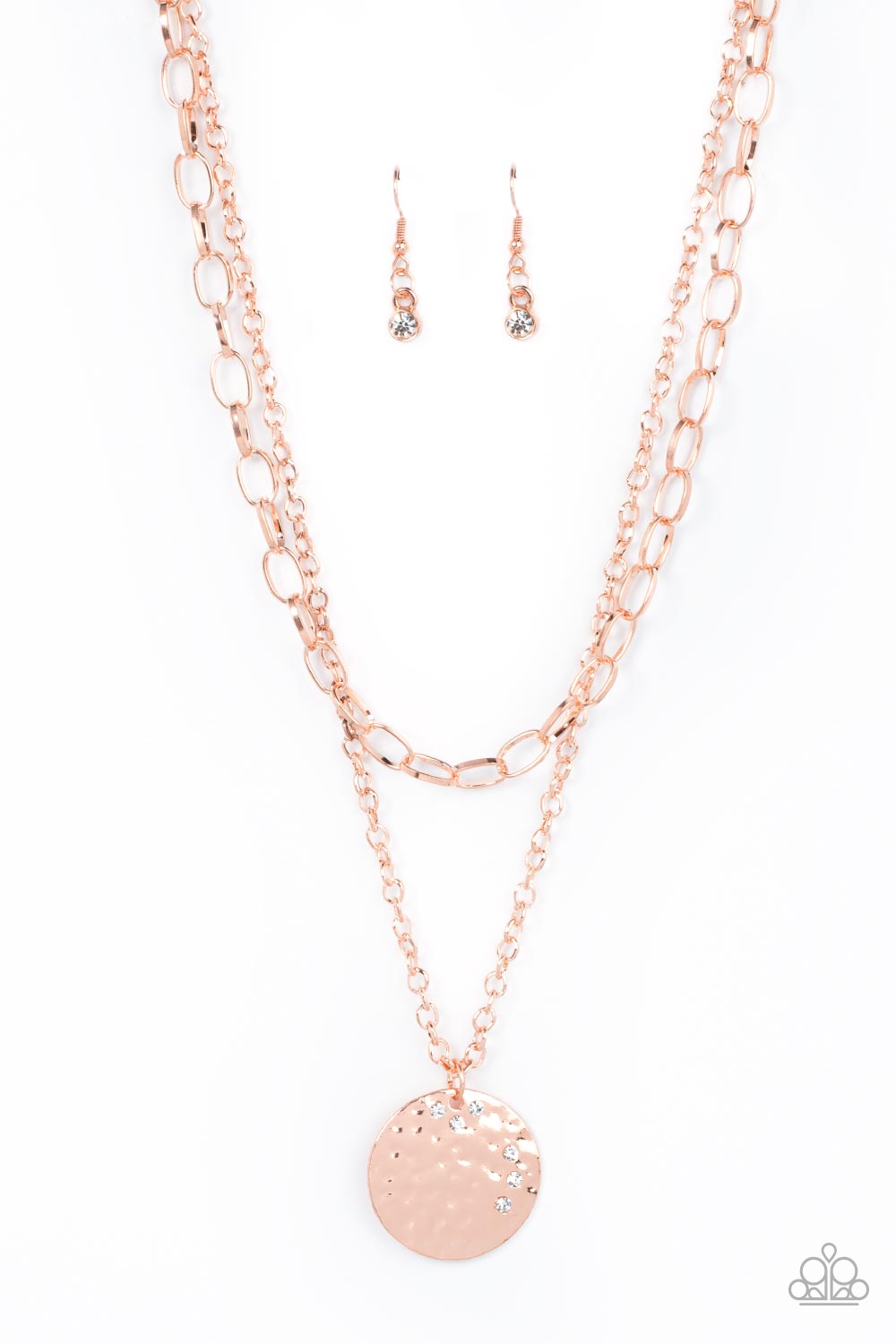 Paparazzi Accessories Highlight of My Life - Copper Sporadically dotted in glittery white rhinestones, an oversized hammered shiny copper disc is suspended from the lowermost of two mismatched shiny copper chains below the collar for a retro look. Feature