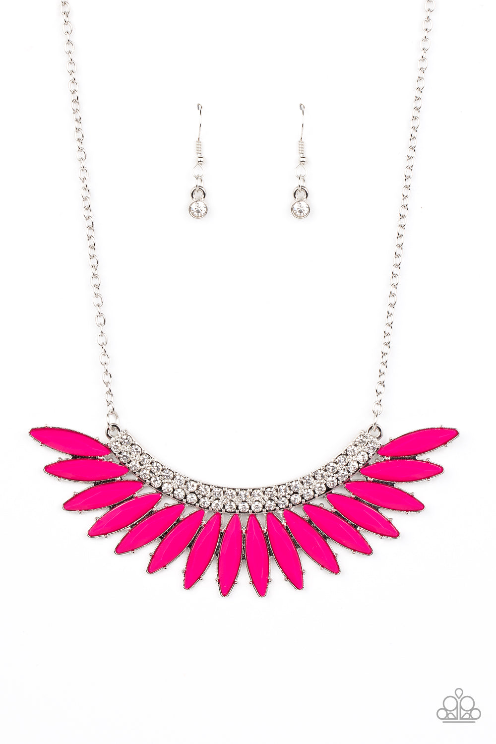 Paparazzi Accessories Flauntable Flamboyance - Pink A faceted row of marquise cut Fuchsia Fedora beads fans out from the bottom of a curved silver frame extravagantly embellished in glassy white rhinestones, coalescing in a flauntable centerpiece below th
