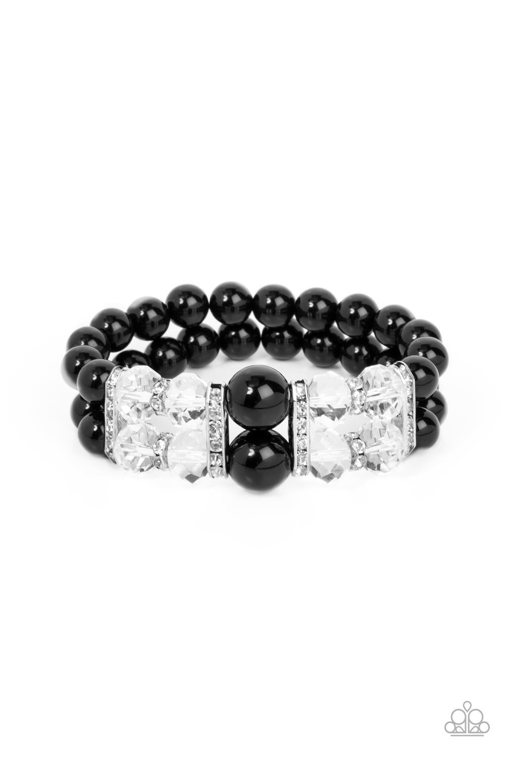 Paparazzi Accessories Timelessly Tea Party - Black Held together by white rhinestone encrusted silver frames, a stretchy pair of bubbly black beaded bracelets are infused with white rhinestone encrusted silver rings, iridescent crystal-like beads, and ove