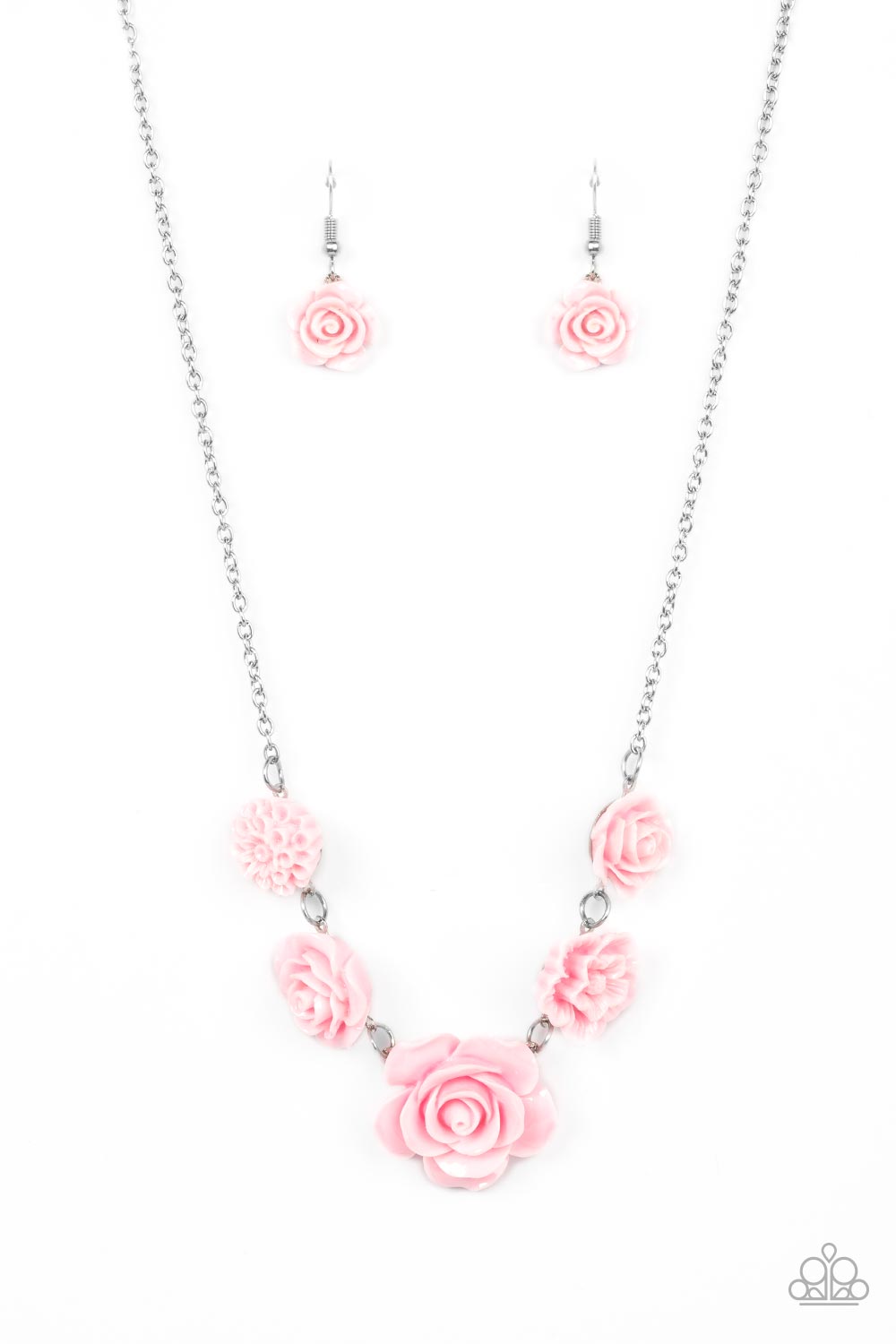Paparazzi Accessories PRIMROSE and Pretty - Pink A dainty collection of primrose and floral Pale Rosette frames delicately connect below the collar, blooming into a seasonal centerpiece. Features an adjustable clasp closure. Sold as one individual necklac