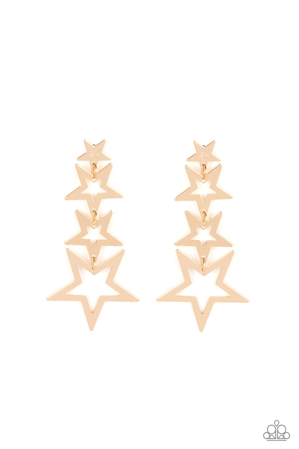 Paparazzi Accessories Superstar Crescendo - Gold Flat gold star frames gradually increase in size as they delicately link into a stellar tassel, resulting in an out-of-this-world fashion. Earring attaches to a standard post fitting. Sold as one pair of po