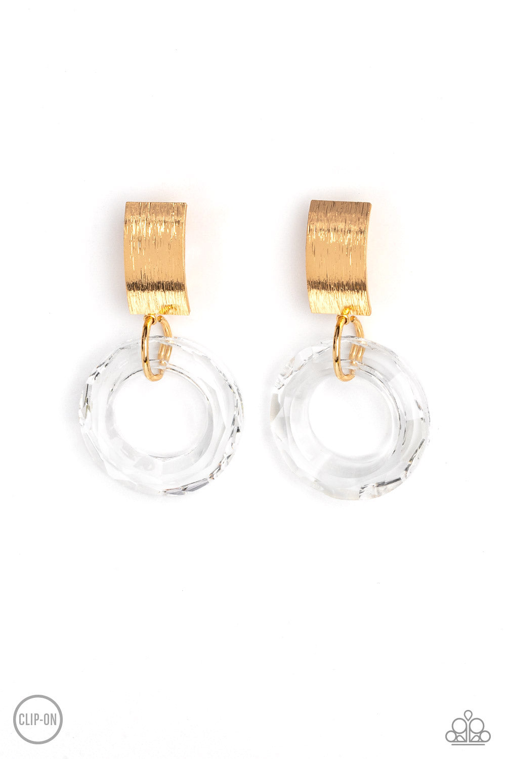 Paparazzi Accessories Clear Out! - Gold *Clip-On A faceted acrylic ring links to the bottom of a curved gold plate, creating a modern lure. Earring attaches to a standard clip-on fitting. Sold as one pair of clip-on earrings. Jewelry