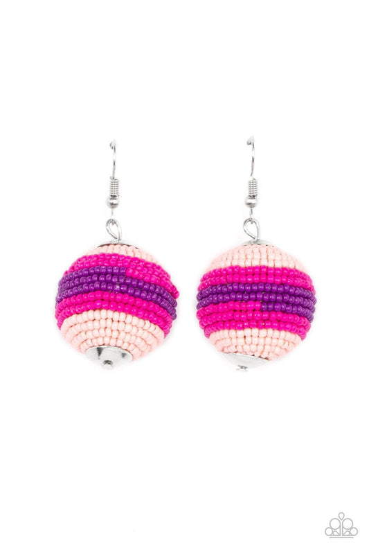 Paparazzi Accessories Zest Fest - Pink Strands of Pale Rosette, Fuchsia Fedora, and purple seed beads decoratively spin around a spherical frame, resulting in a colorful 3-dimensional display. Earring attaches to a standard fishhook fitting. Sold as one p