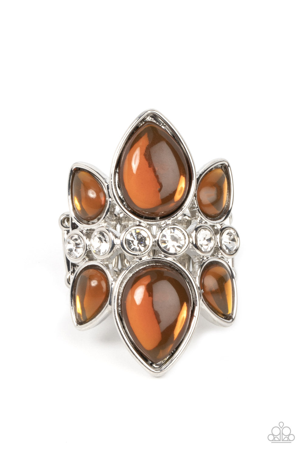 Paparazzi Accessories TRIO Tinto - Brown Crowns of glassy brown teardrop beads fan out from a center of glassy white rhinestones, coalescing into an ethereal centerpiece atop the finger. Features a stretchy band for a flexible fit. Sold as one individual