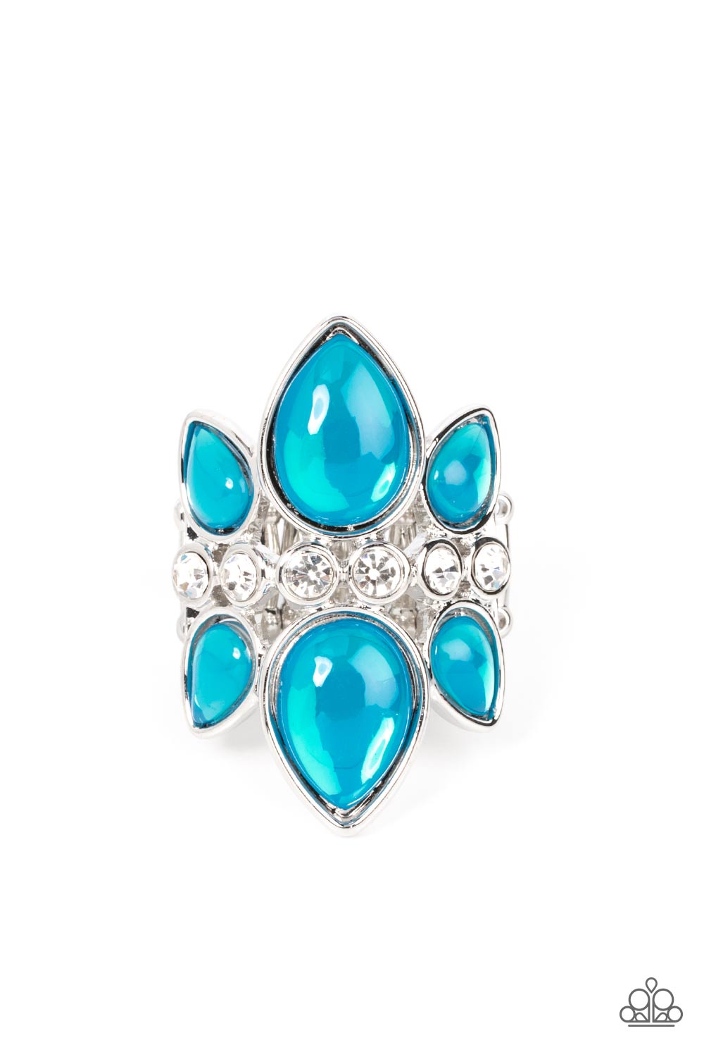 Paparazzi Accessories TRIO Tinto - Blue Crowns of glassy blue teardrop beads fan out from a center of glassy white rhinestones, coalescing into an ethereal centerpiece atop the finger. Features a stretchy band for a flexible fit. Sold as one individual ri