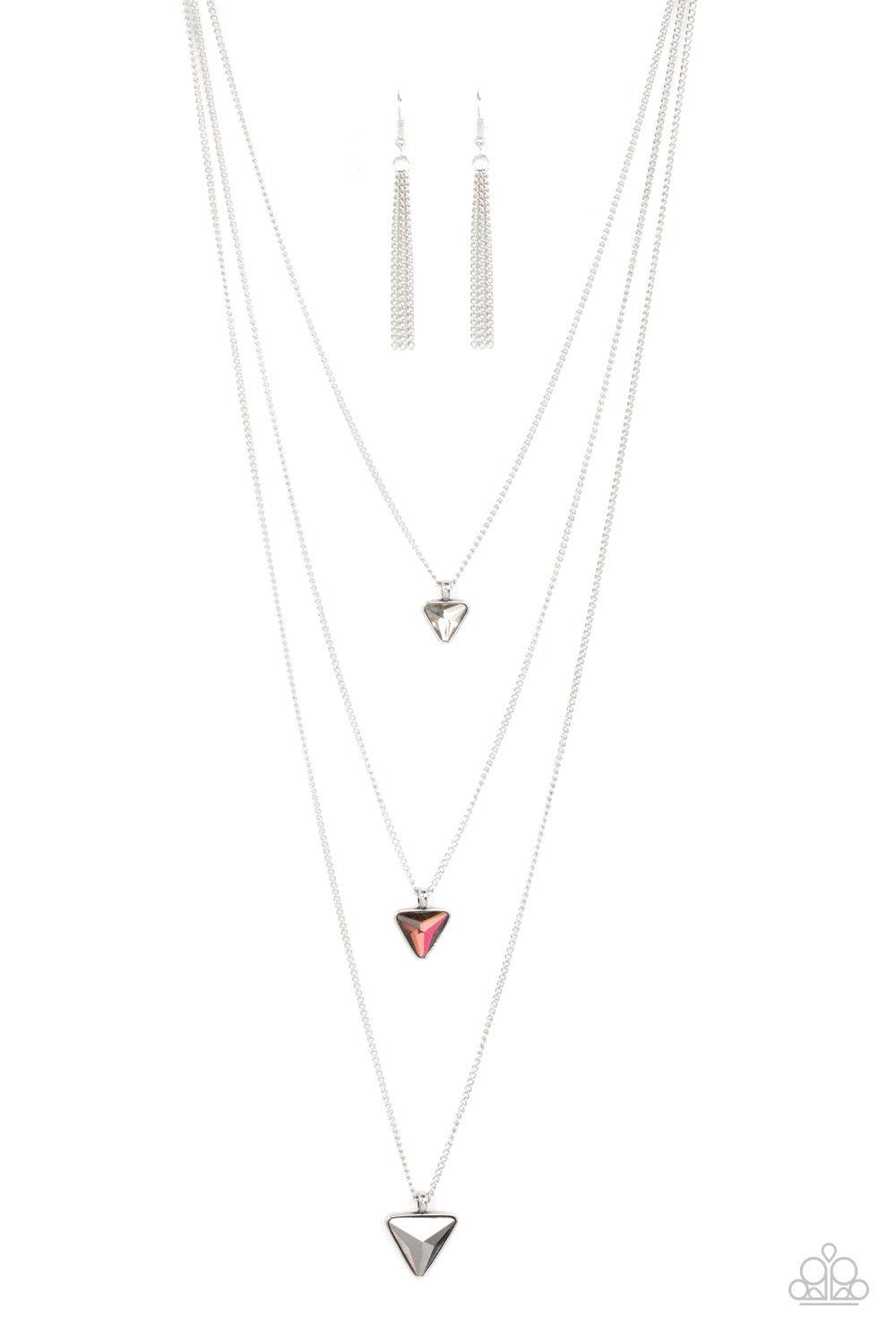 Paparazzi Accessories Follow the LUSTER - Multi Glassy white, oil spill, and hematite triangular gems gradually increase in size as they swing from the bottoms of extended silver chains, layering into an edgy shimmer across the chest. Features an adjustab