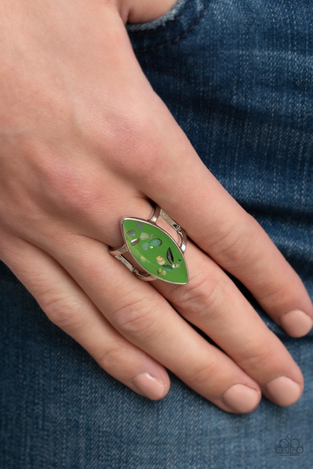 Paparazzi Accessories Oceanic Odyssey - Green Iridescent shell-like flecks are sprinkled across a green backdrop inside a glassy marquise shaped frame, resulting in a playful splash of color atop layered silver bands. Features a stretchy band for a flexib