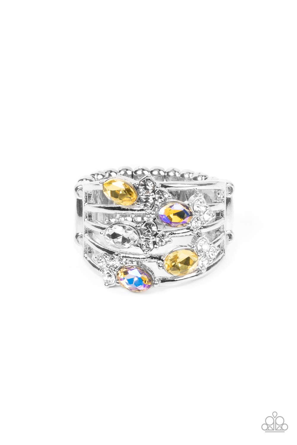 Paparazzi Accessories Ethereal Escapade - Yellow Infused with clusters of dainty white rhinestones, a glitzy collection of yellow, iridescent, and white oval rhinestones are sprinkled across layers of silver bands, creating an ethereal sparkle across the